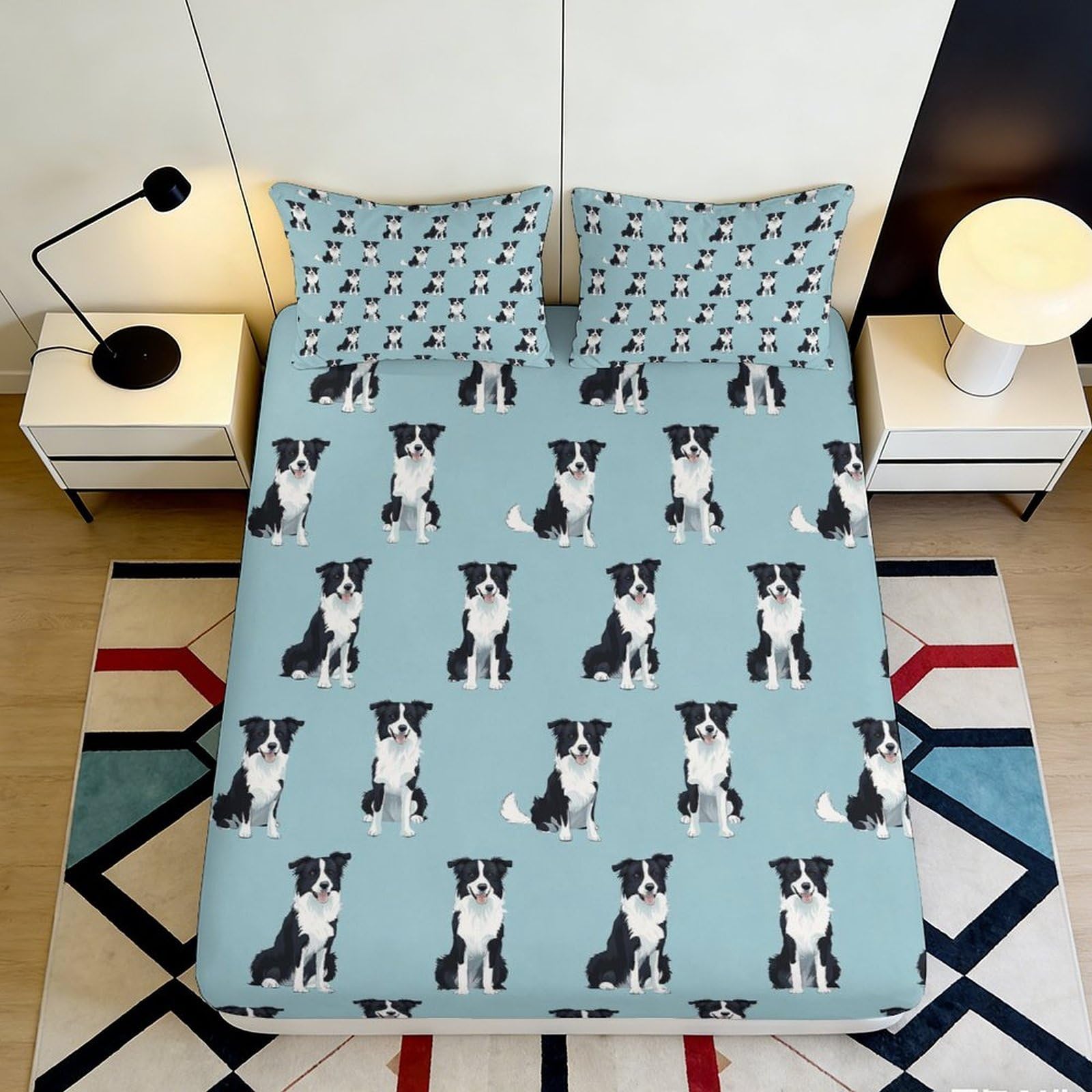 3D Printed Border Collie Dog Pattern Fitted Sheet Microfiber Blue Mattress Cover for Bedroom Guest Room Dorm Decor 90x200x25cm