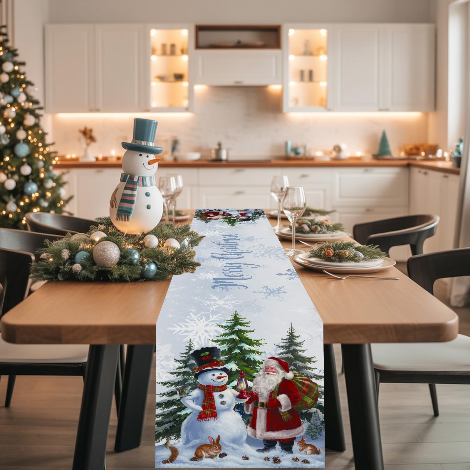 Froova Snow Christmas Table Runner, 13x72 Inch White Santa Claus & Snowman Forest Xmas Table Runner - Image 3