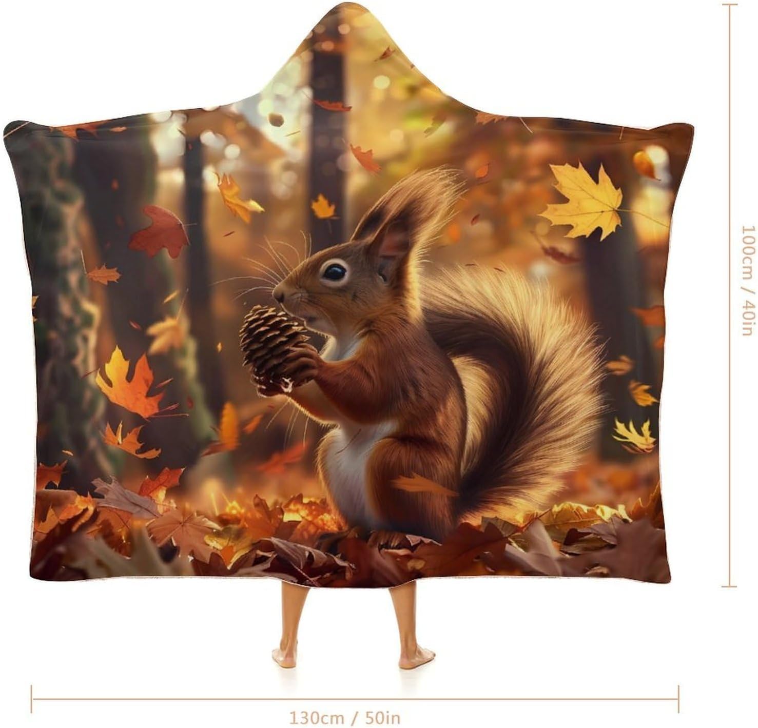Cute Squirrel Autumn Forests Wearable Blanket Oversized Throw Cape | Cozy Hooded Blanket Gifts for Women Men