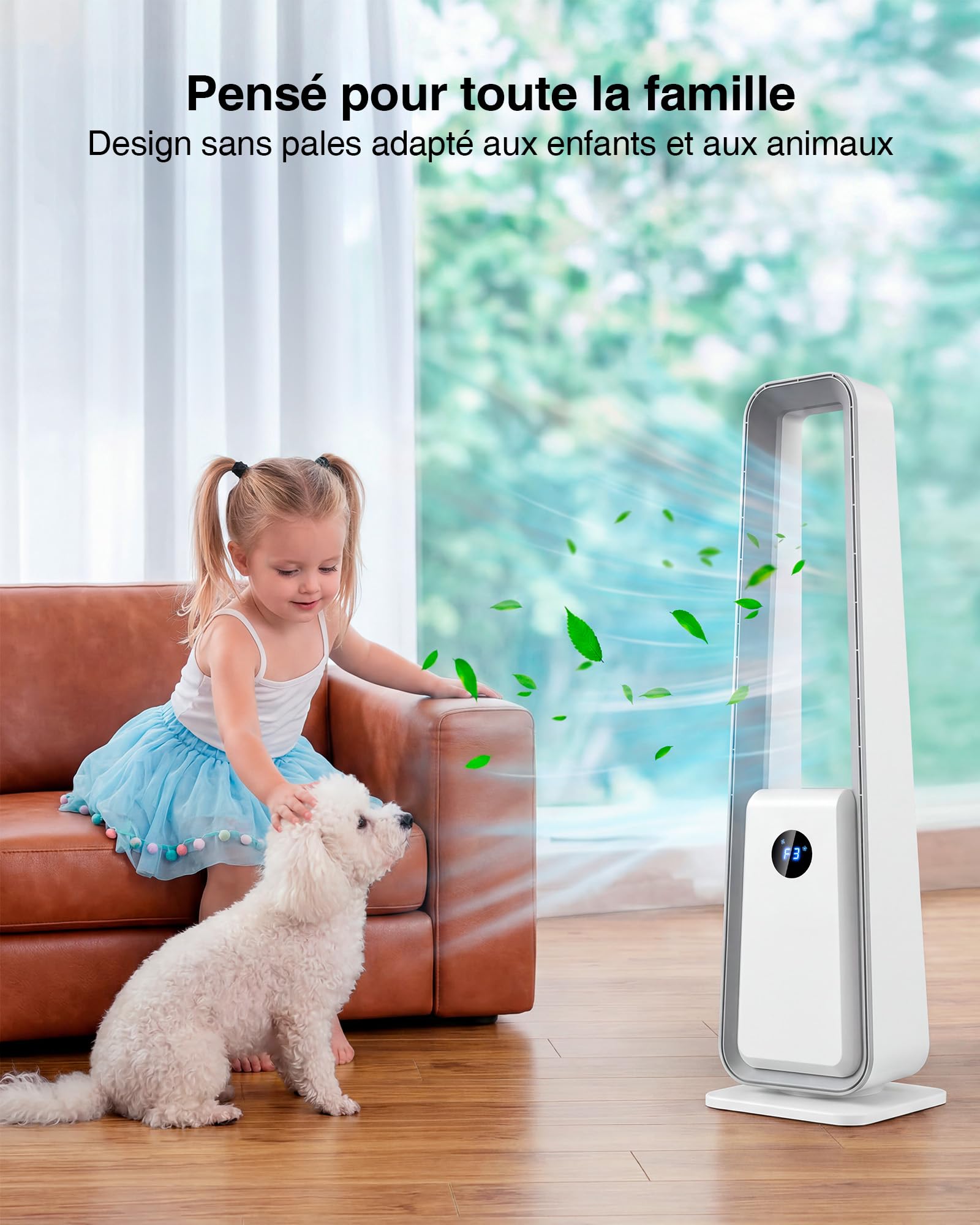 Ventilateur Colonne Sans Pales: Ventilateur Tour Silencieux avec Télécommande - Oscillation 75° Minuterie 12H Écran LED 3 Modes Ventilateur Sans Lame pour Chambre/Bureau/Salon/Enfants/Coucher