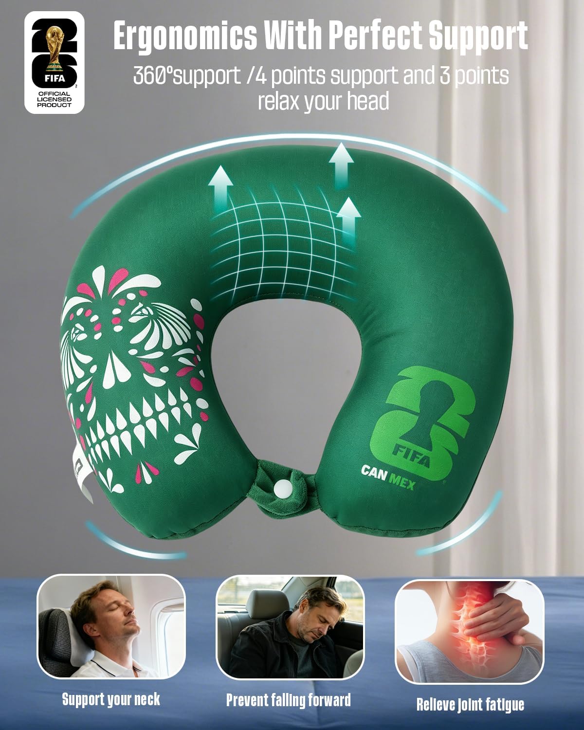 2026 FIFA World Cup Neck Pillow for Traveling, Upgraded High-Resilience granules Travel Neck Pillow for Airplane Flight Sleep, Lightweight & Resilient, Breathable Cover, Green