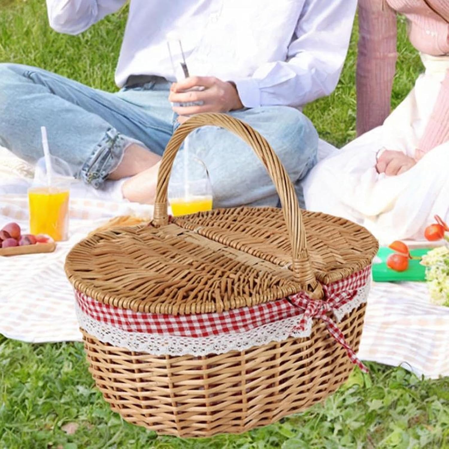 Wicker Picnic Basket,Rattan Storage,Serving Basket with Lid and Handle,Wicker,Woven Basket for Park Parties Hiking,Wedding, Red White, Medium