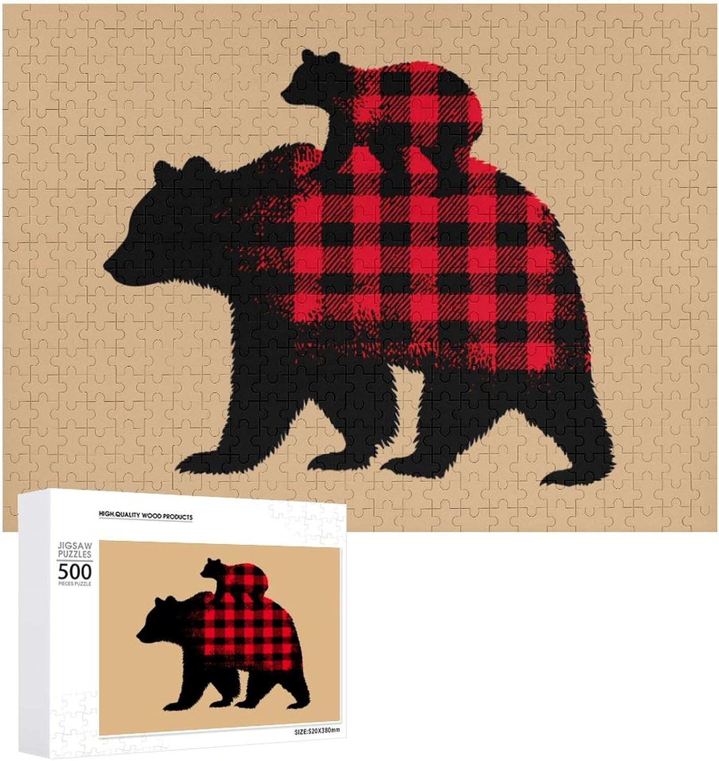 Bear Buffalo Plaid Puzzles for Adults 500 PCS Wooden Jigsaw Puzzle Wall Decor Christmas