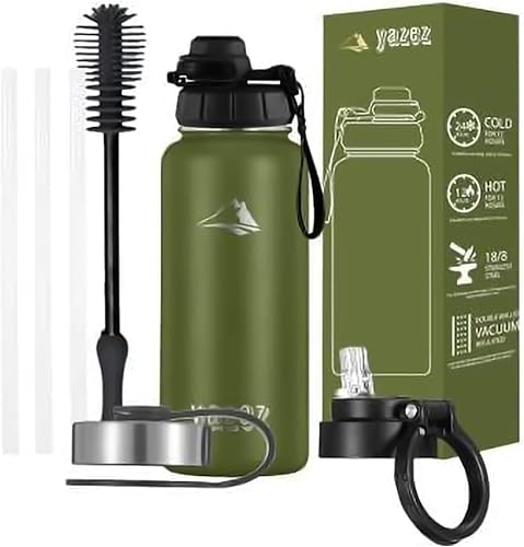 Miniatura 1 de Botella de agua deportiva  Botellas de agua de acero inoxidable de 32 onzas  3 tapas botella de agua reutilizable de doble pared para gimnasio,