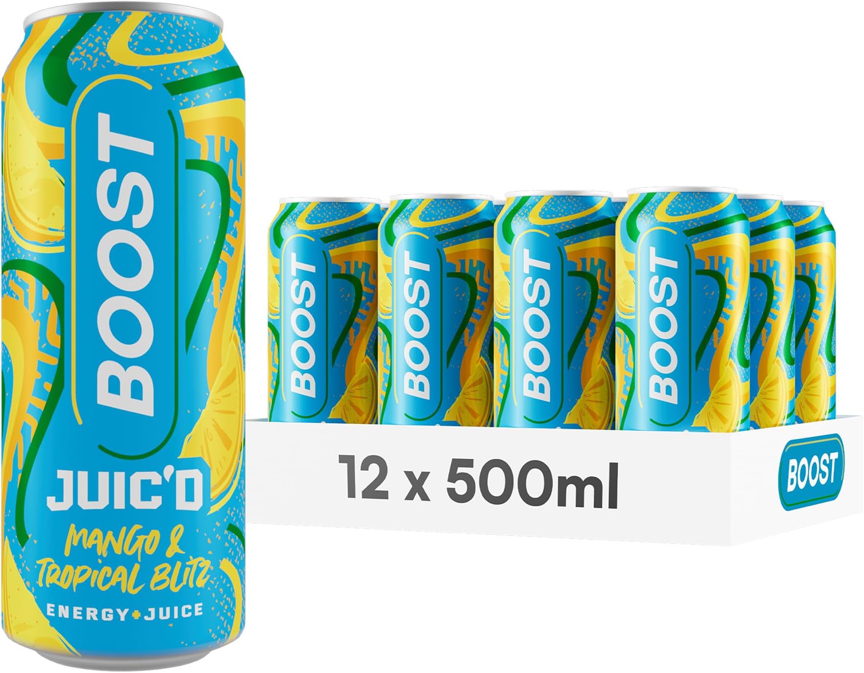 Juic'd Energy Drink Mango & Tropical Juice Blitz | 12 Multipack Carbonated Soft Drinks with Real Fruit, High Caffeine, Taurine and Vitamin B | Fizzy Energy Drink Multipack | 12x500ml