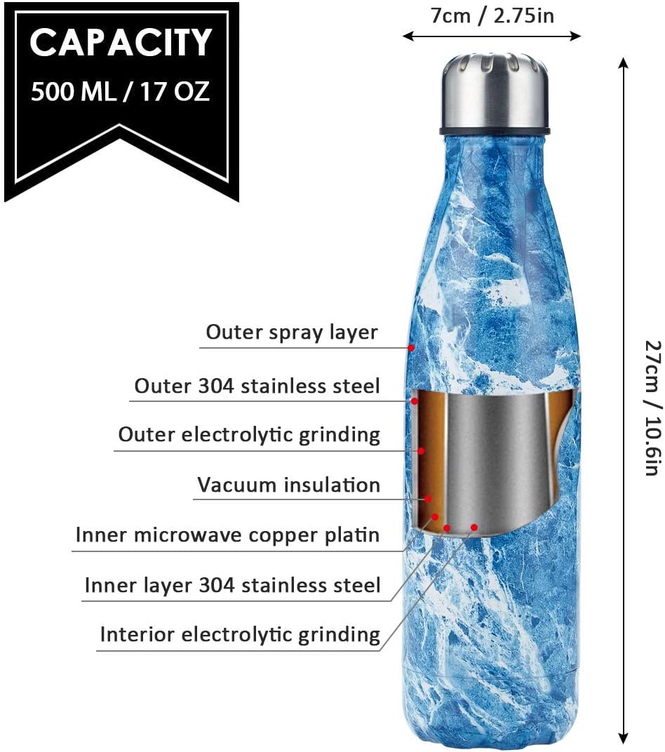 HGDGears Water Bottle 17oz/500ml, Double Wall Vacuum Stainless Steel Insulated Travel Mug Leakproof Sports Drinks Bottle(Blue Marble) - Image 5
