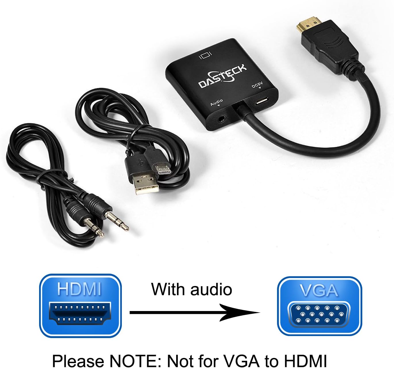 HDMI to VGA with audio , Dasteck HDMI Male to VGA Famle Convert Adapter with Power Port design, come with 3.3ft 3.5mm audio cable and charge cable