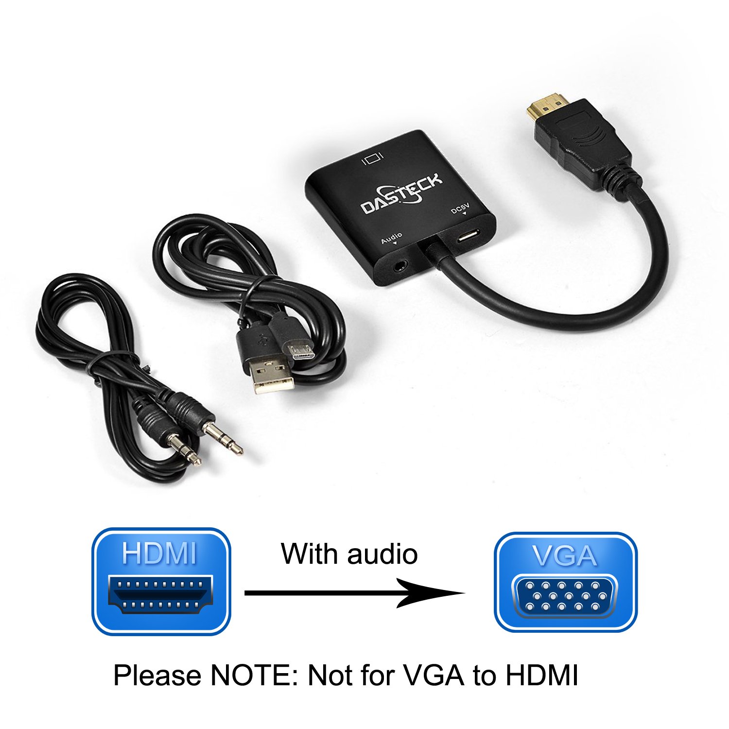 HDMI to VGA with audio , Dasteck HDMI Male to VGA Famle Convert Adapter with Power Port design, come with 3.3ft 3.5mm audio cable and charge cable