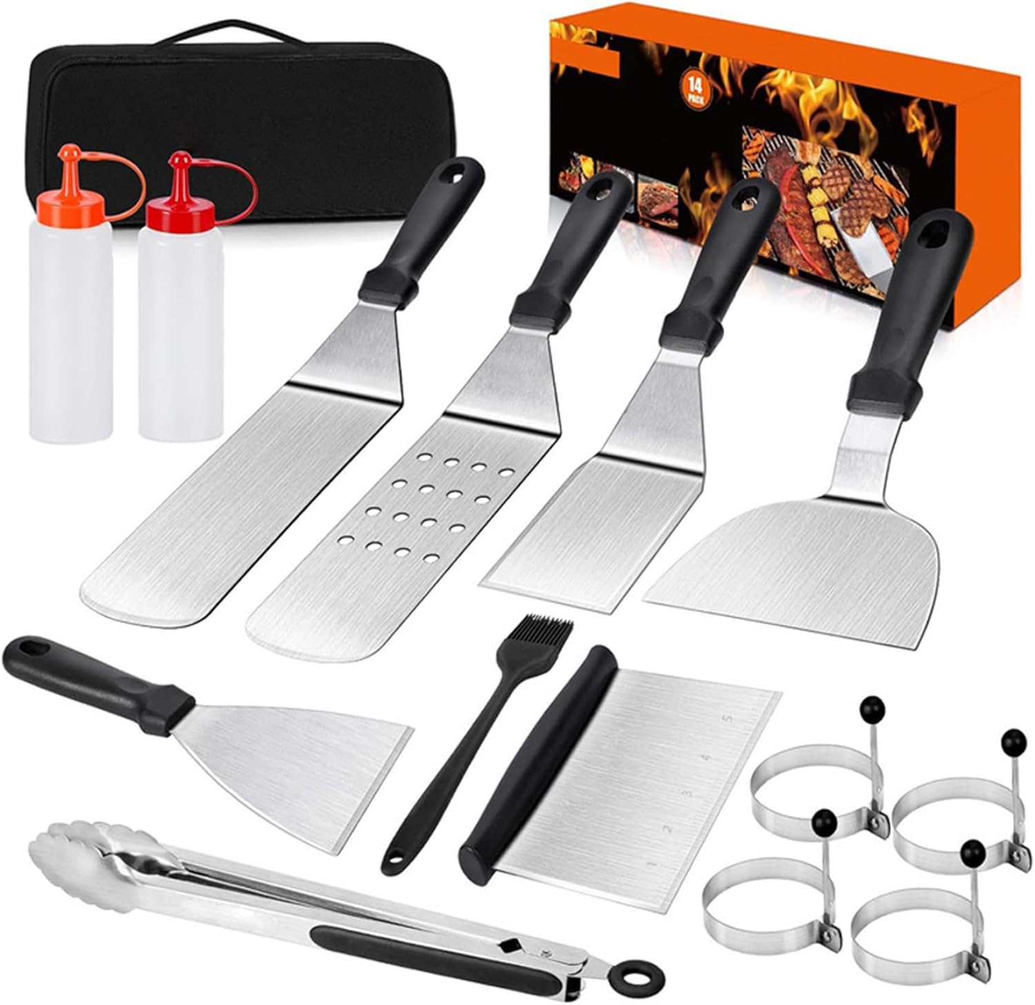 15PCS Griddle Accessories Kit, Professional Flat Top Grill Tools Set with Spatulas, Scraper, Tongs & Bottles, Grill Tools Set for Outdoor Barbecue