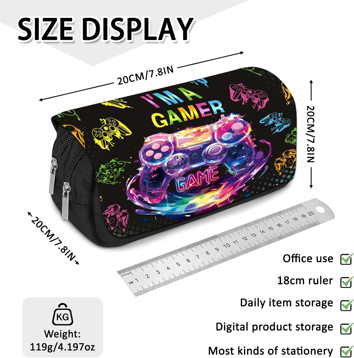 Gamer Pencil Case for Boys & Girls - Video Game Themed Pouch with Gamepad Design, Large Capacity Zippered Pen Bag, Flip Top Gaming Stationery Holder for School, Office, Back to School Supplies
