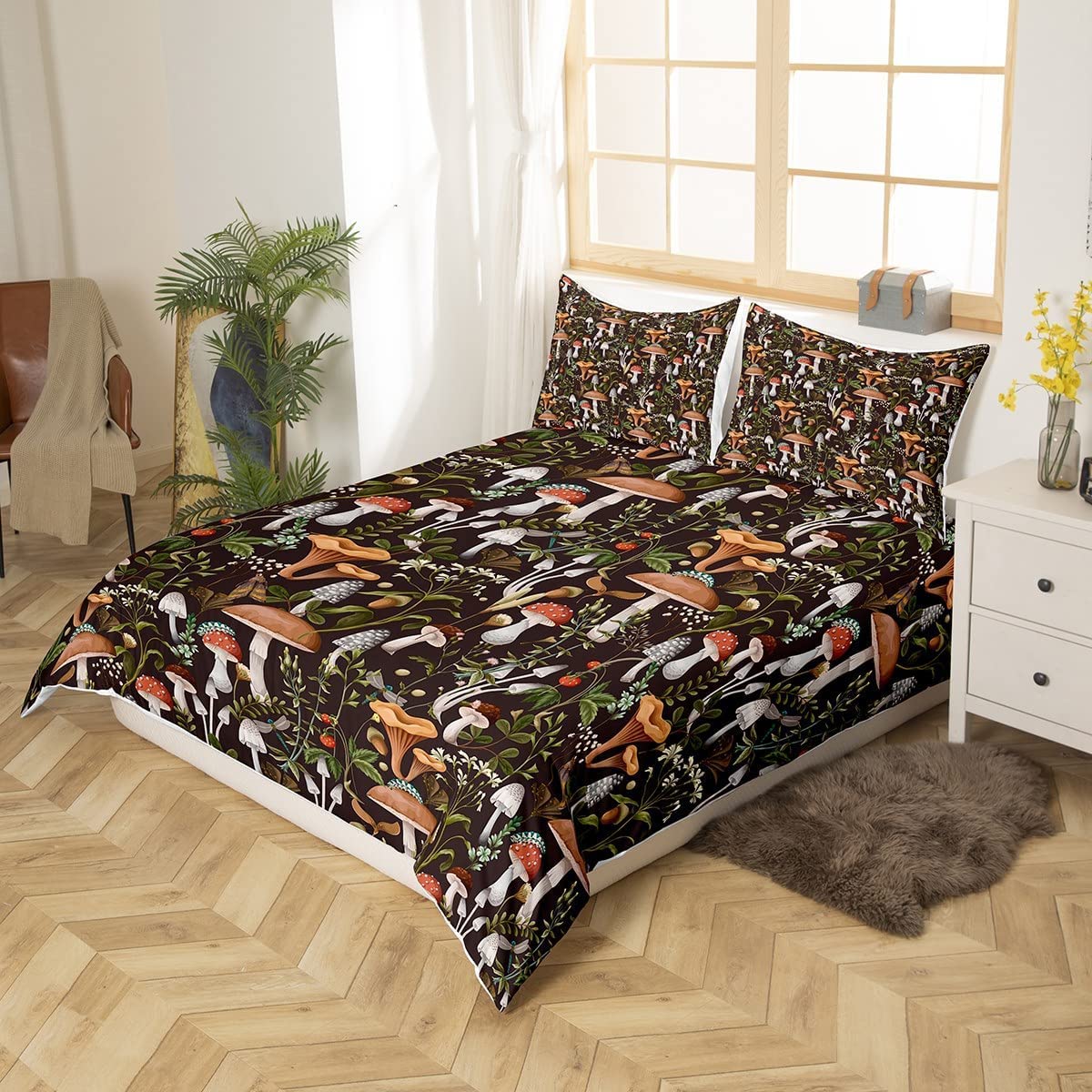 Wild Mushroom Double Size Duvet Cover Cute Strawberry Flowers Bedding Set 3pcs for Kids Teens Adult Rustic Style Jungle Mushrooms Comforter Cover Soft Quilt Cover Bedroom Decor Bedspread - Image 2