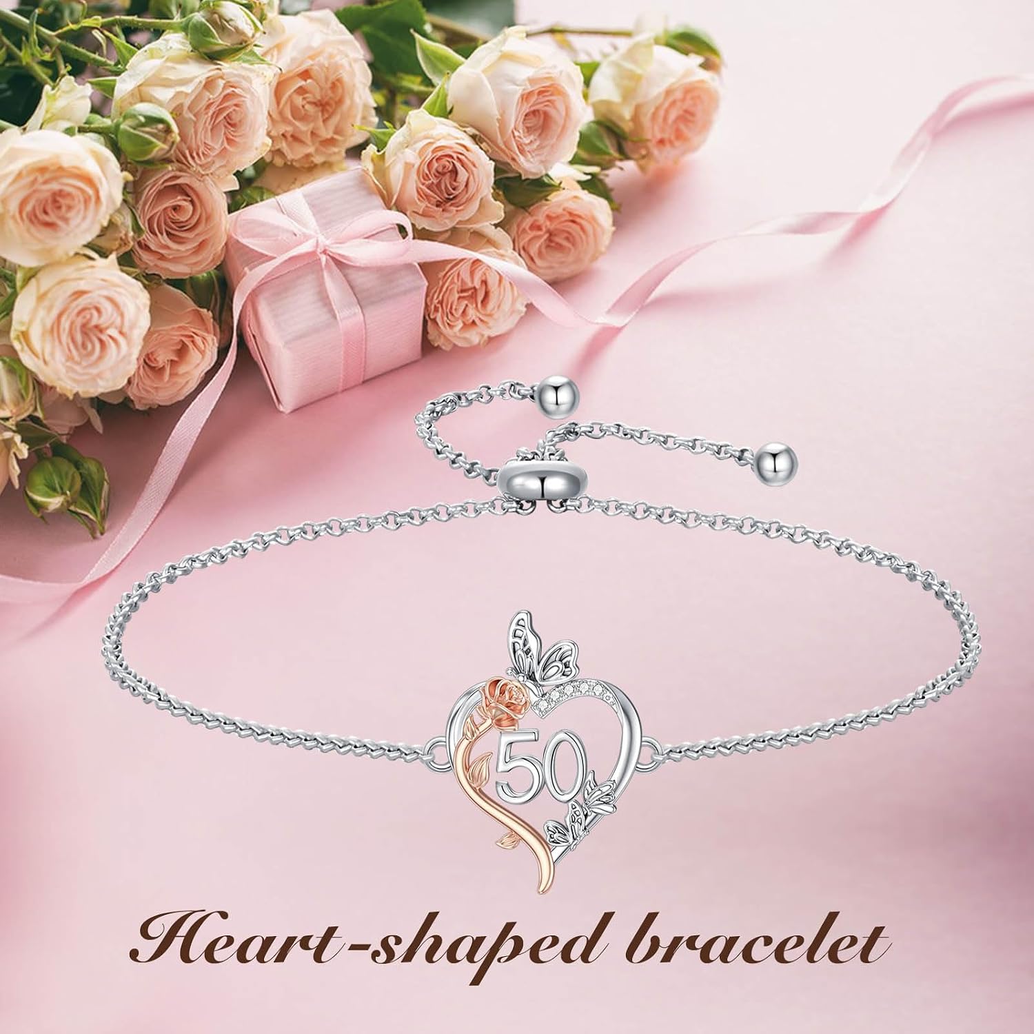 TOUPOP Gifts for Women Her Rose Heart Bracelet 925 Sterling Silver Heart Butterfly Bracelet Sweet Year Old Jewelry Anniversary Birthday Gifts Women Girlfriend Wife Mom Grandma