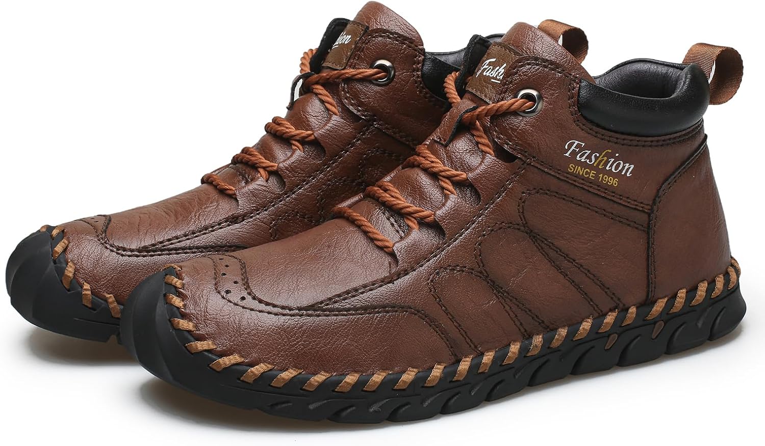 Men's Leather Handmade Lace Up Ankle Boots Retro Round Toe Hand Stitching High Top Sneakers Outdoor Hiking Working Driving Casual Chukka Boots - Image 6