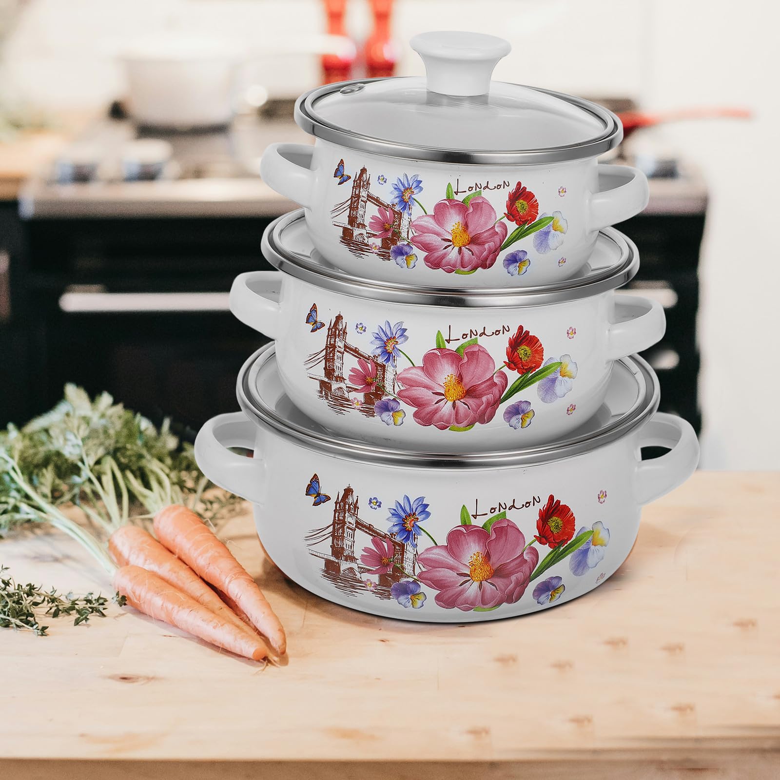 Amosfun Kleiner Emailletopf 3 Stück mit Zwei Griffen Flacher Boden für Stabile Wärmeleitung Stapelbare Kochtöpfe für Täglichen Gebrauch in Haushalt und Gastronomie Zufälliger Stil