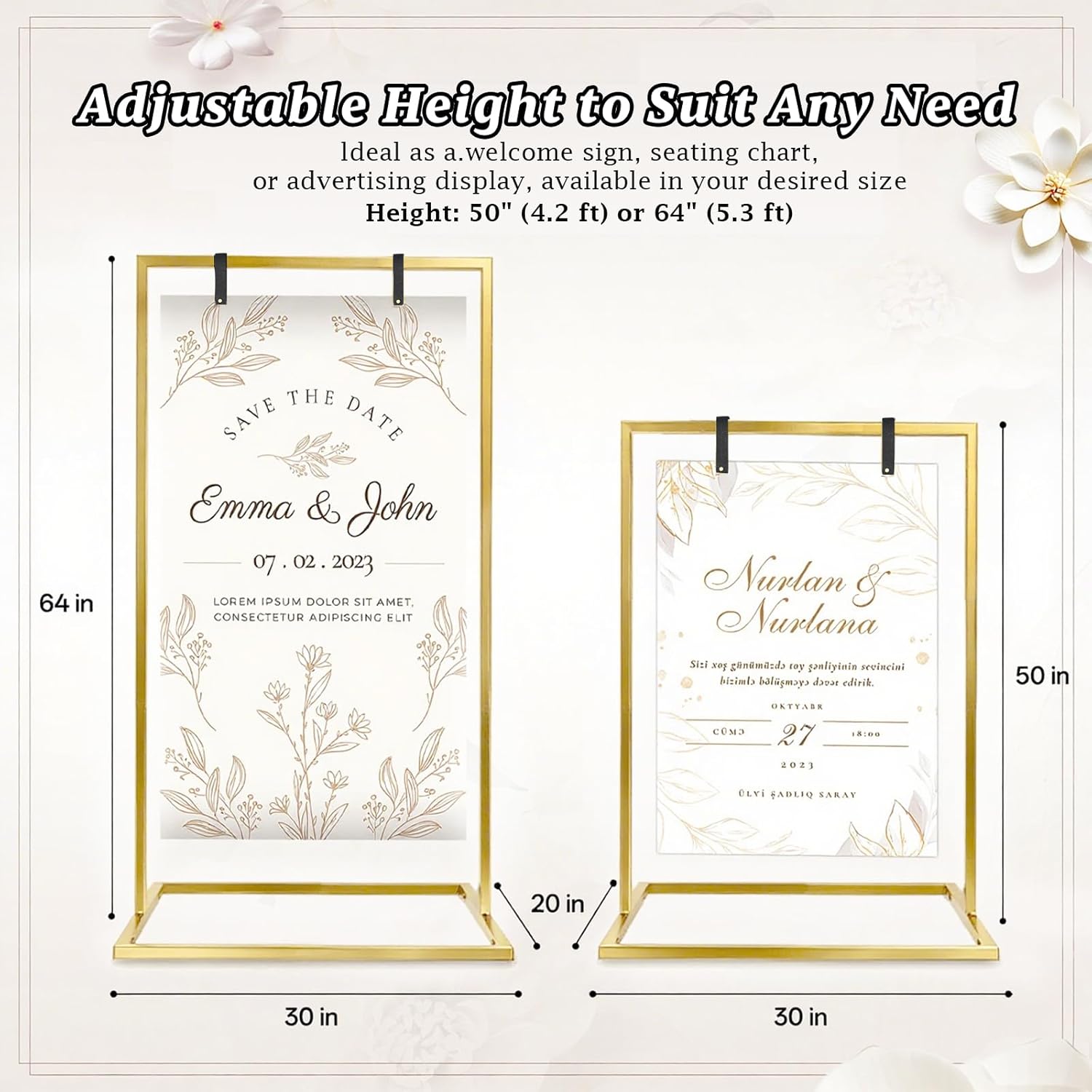 Vovoir Wedding Sign Stand with Led String Lights, Welcome to Our Wedding Sign Holder, 64”Heavy Duty Easel Stand for Sign, Linen Sign Stand with Leather Hanging Strap for Wedding Decor (Gold)