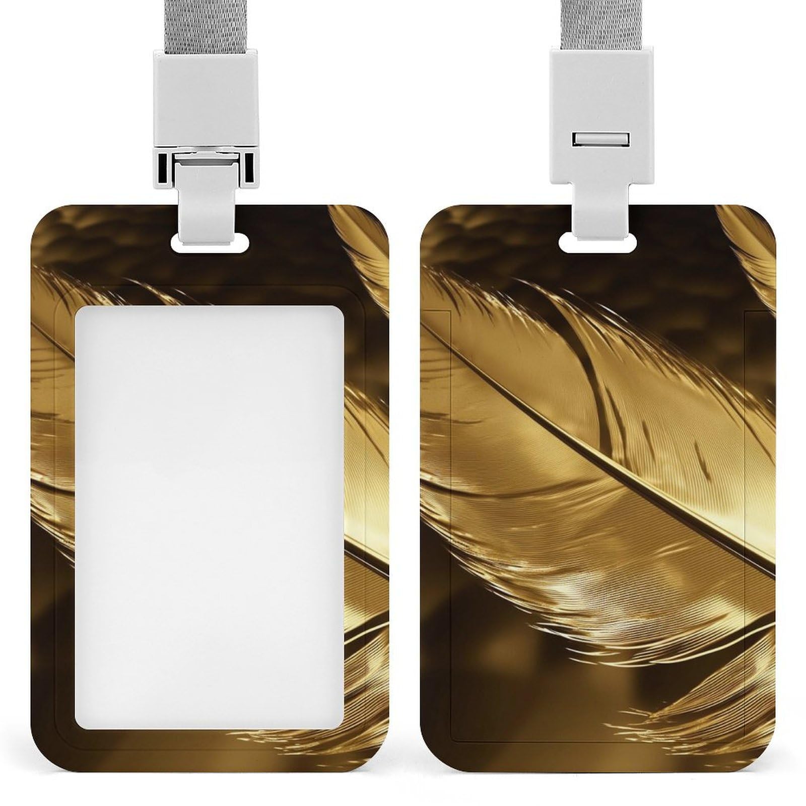 ID Card Holders for Lanyard,Golden Feathers Printed Badge Holder with Clear Window,Plastic Vertical Bus Pass Holders for Work Teacher Nurse Employees Proximity Key Cards Women Men — image 1