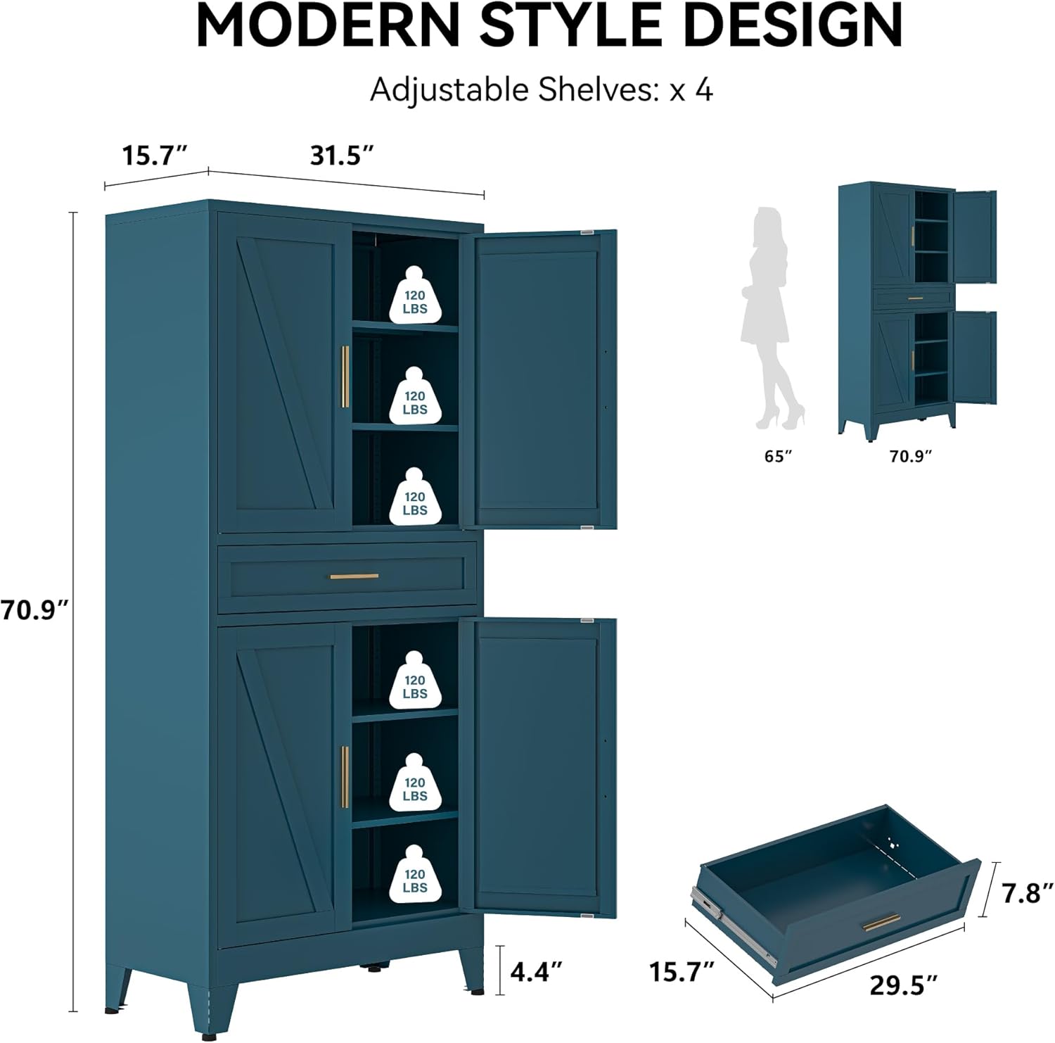 Diagram showing the dimensions of the COFaR pantry cabinet: 70.9 inches high, 31.5 inches wide, and 15.7 inches deep. Also shows the drawer dimensions and adjustable shelves.
