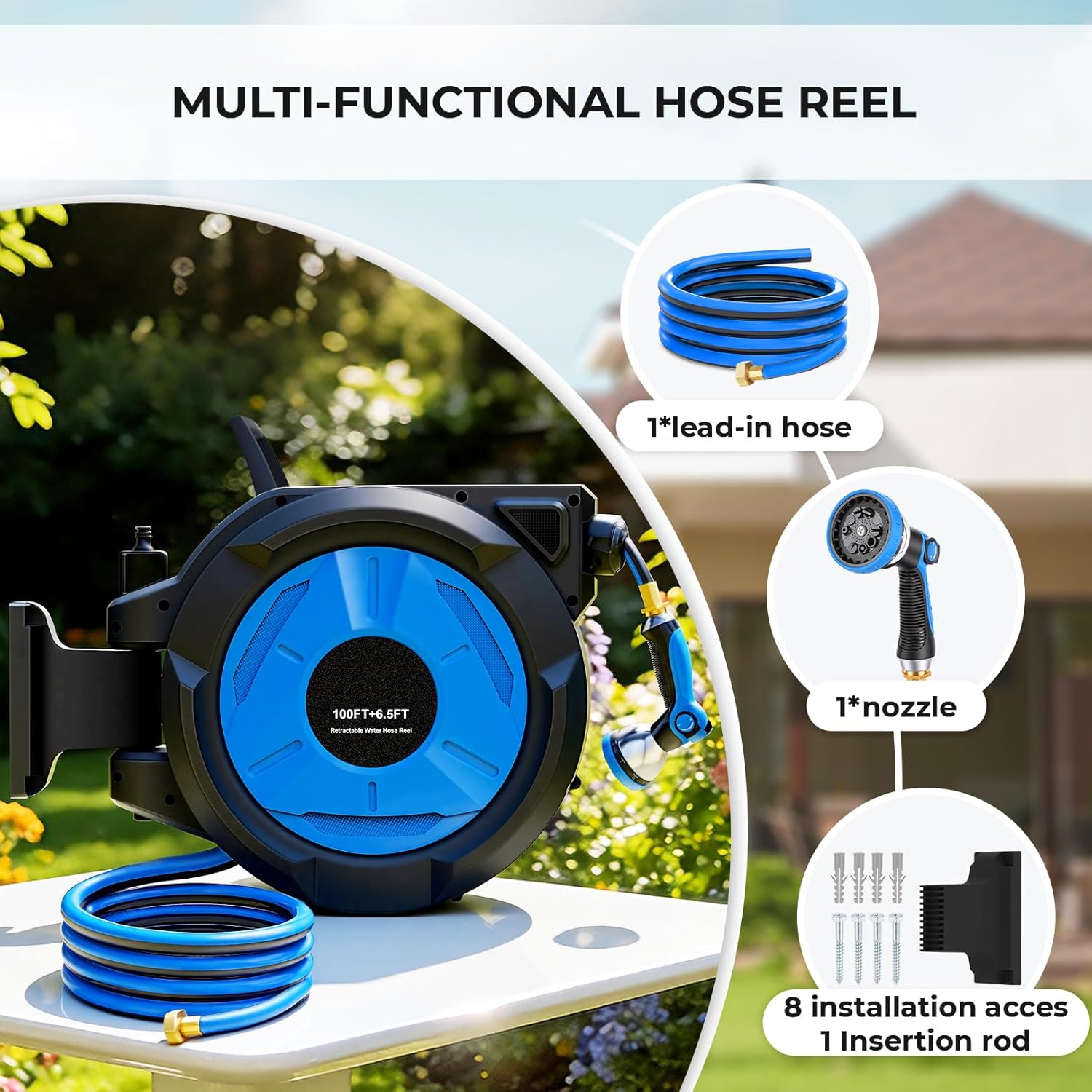 Homdox Retractable Garden Hose Reel 100 ft x 1/2 inch, Automatic Garden Hose Reels with 10-Function Nozzle, Wall Mount Hose Reel, Auto Rewind, Any Length Lock Water Hose Reels for Outside