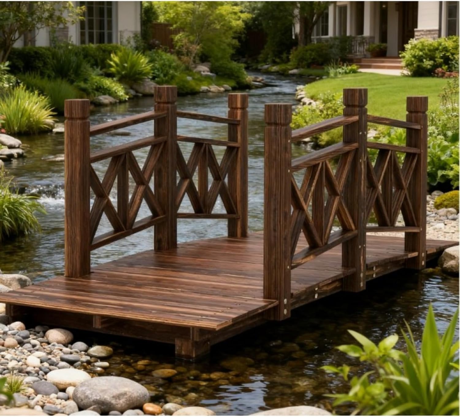 Wooden Garden Bridge, Fir Wood Garden Bridge Arc Walkway with Safety Rails, Elegant Backyard Bridge Footbridge for Outdoor Decor, Ponds, Creeks & Streams, Farmhouse (Carbon Black)