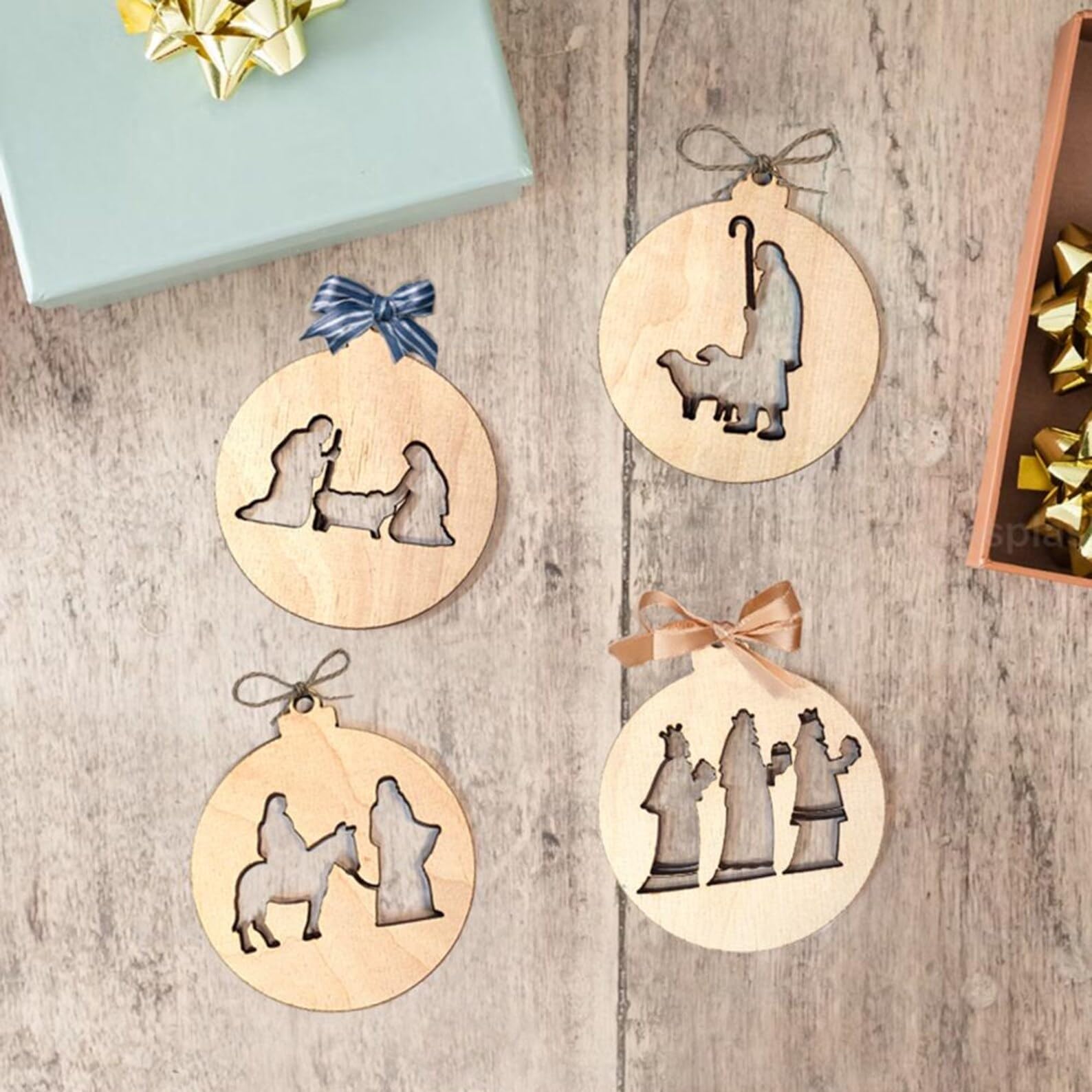 Curious Button Pack of 4 Nativity Baubles | Wooden Xmas Tree Ornaments | Religious Xmas Decorations | 4 Inch | Christian Xmas Hanging Decor | Xmas Decorations | Xmas Hanging Decor 1