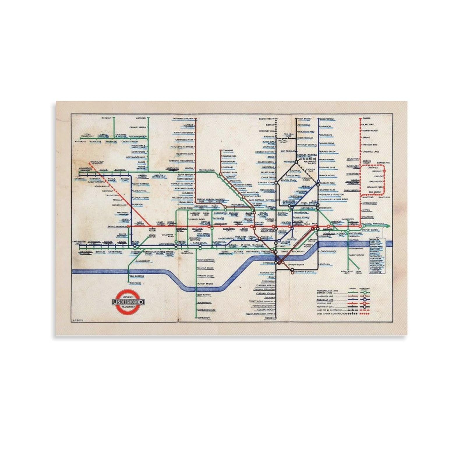 Generic Lienzo decorativo con mapa retro del metro de Londres de 1947, escala de grises, 60 x 90 cm, mapa histórico, perfecto para sala de estar, dormitorio, oficina, etc.