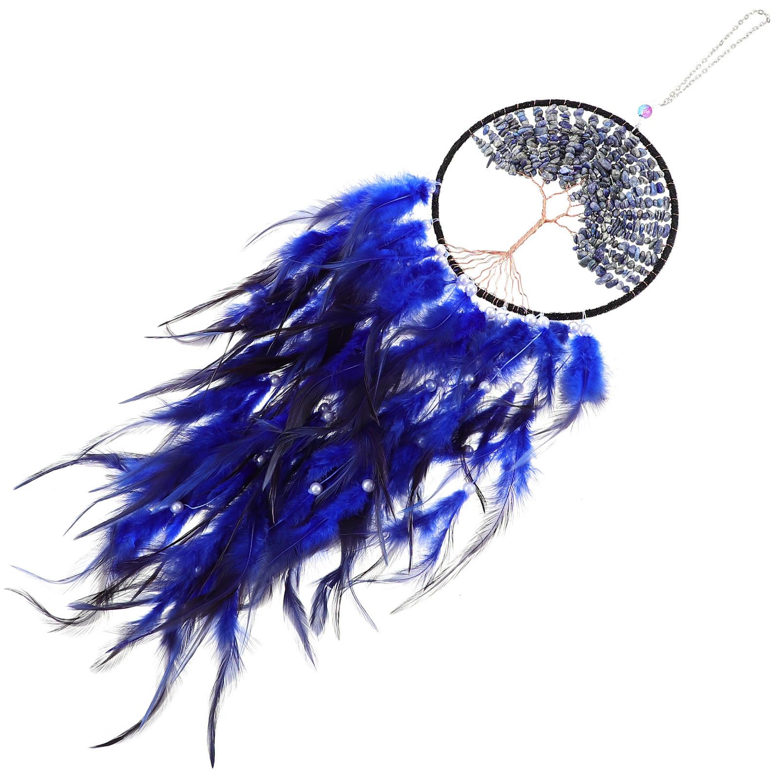 Attrape-rêves bleu en fer et plumes naturelles pour décoration murale