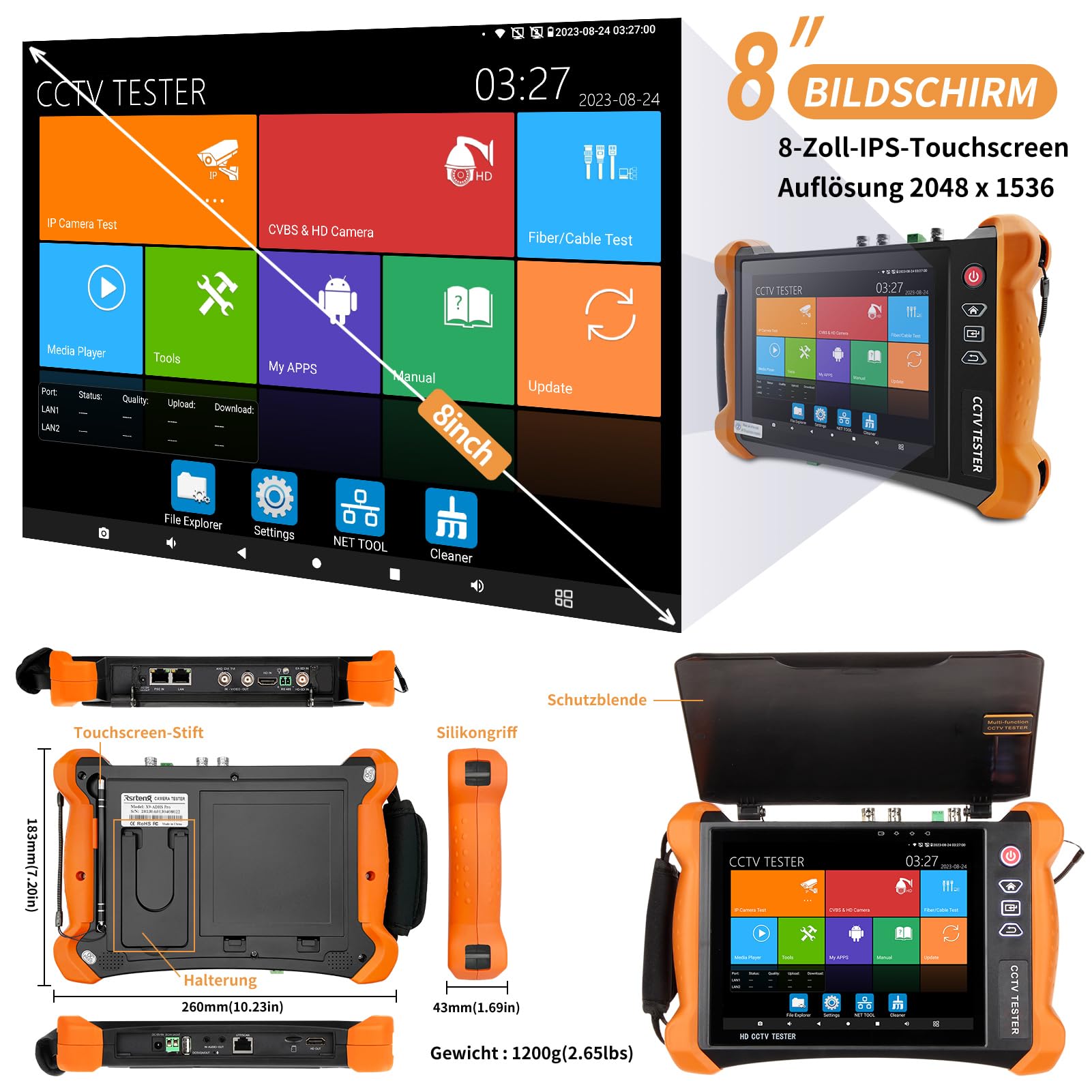 Henkion IPC CCTV Tester X9-ADHS Pro Mit 8 Zoll IPS Touchscreen Monitor, CCTV-Kameratester Unterstützt 8K 32MP IP Und 4K 8MP TVI CVI AHD SDI-Kameratests, Netzwerktester 90W POE++ HD I/O WiFi RS485 RJ45