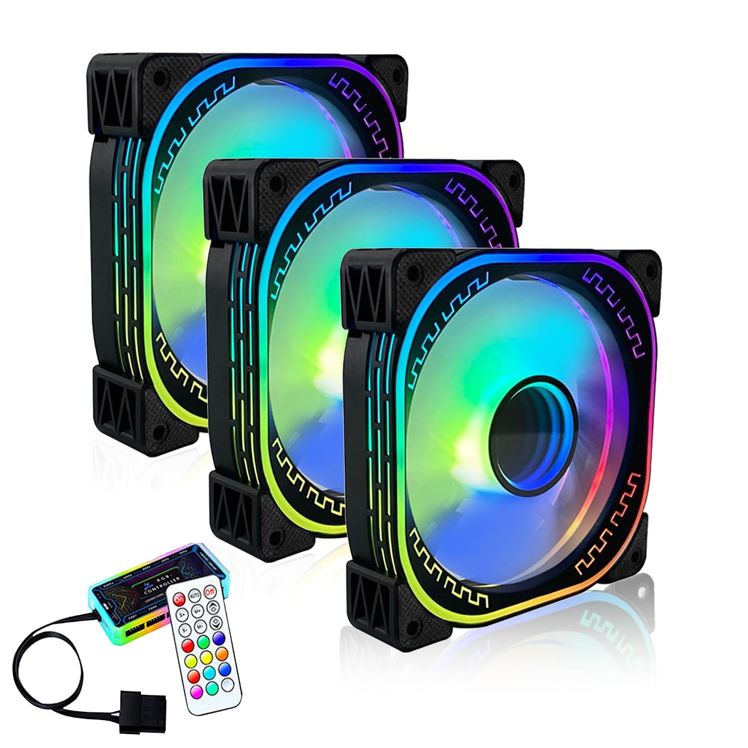 120mm RGB PC Case Fans with Remote Control & Adjustable Color 3-Pack Black | Easy Install 12V Quiet Vibrant RGB LED Case Fans with Secure 6-Pin Connection‌ for CPU Coolers Gaming Chassis Water Radiators