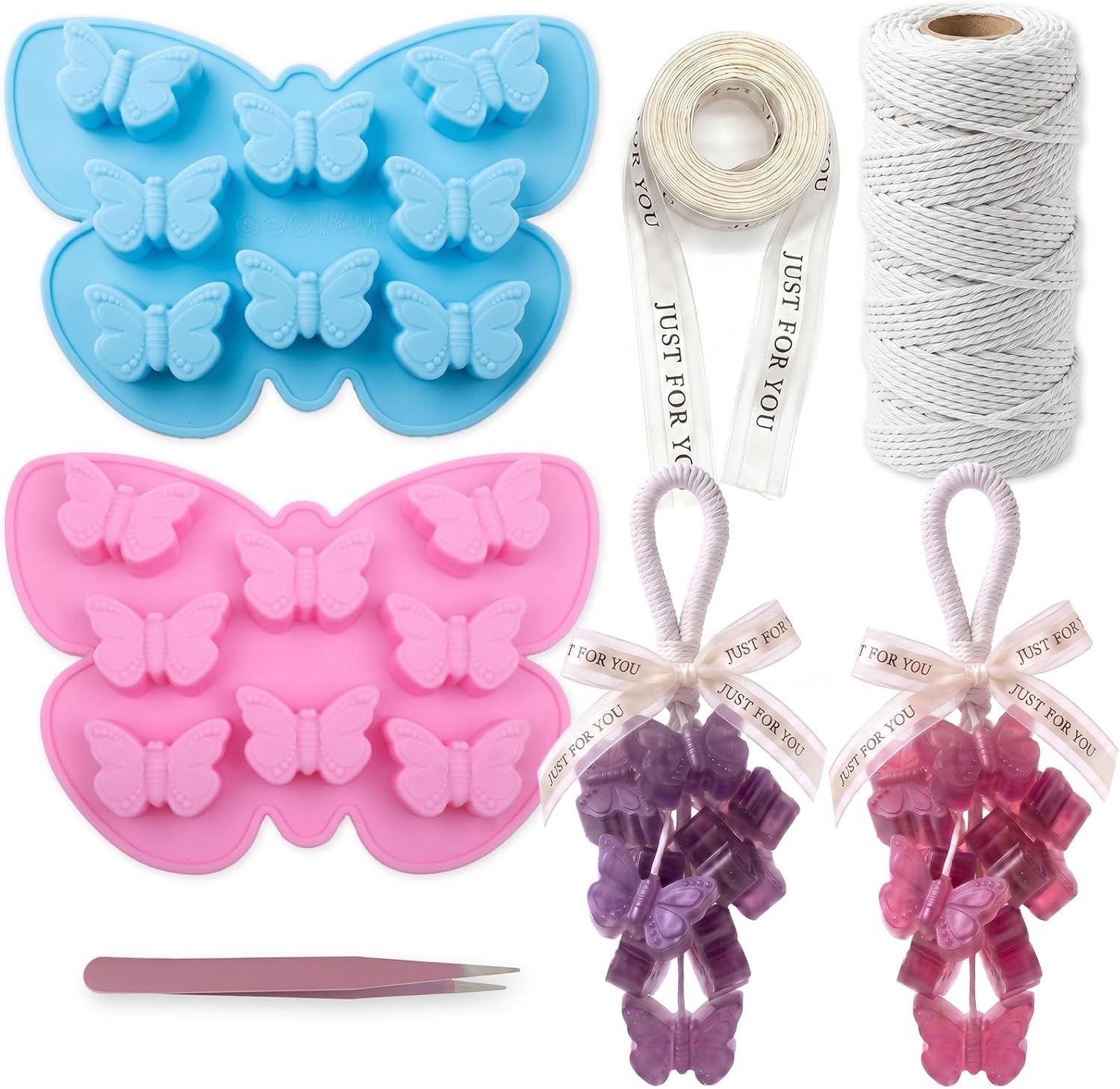 Silicone Butterfly Soap Mold Kit for DIY Soap Making, with Tool (Cotton Rope, Bow Ribbons, Tweezers), Reusable Soap Making Supplies for Crafts, Gifts & Beginners