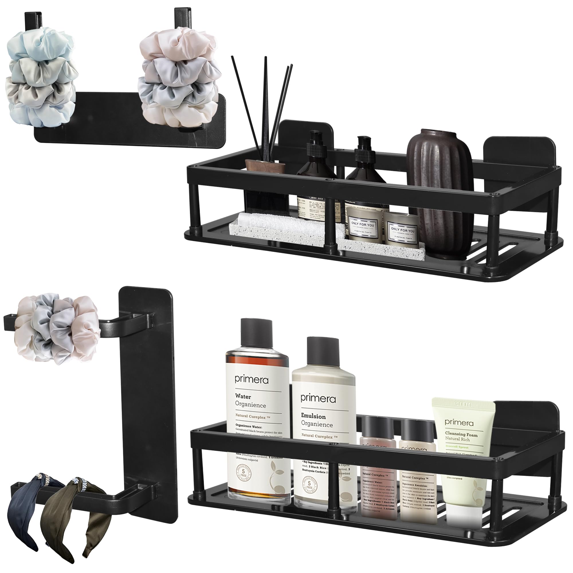 W WINTMING 2PCS Floating Bathroom Shelves with 2 Hooks Shower Caddy Organizer Plastic Wall Mounted Storage Rack for