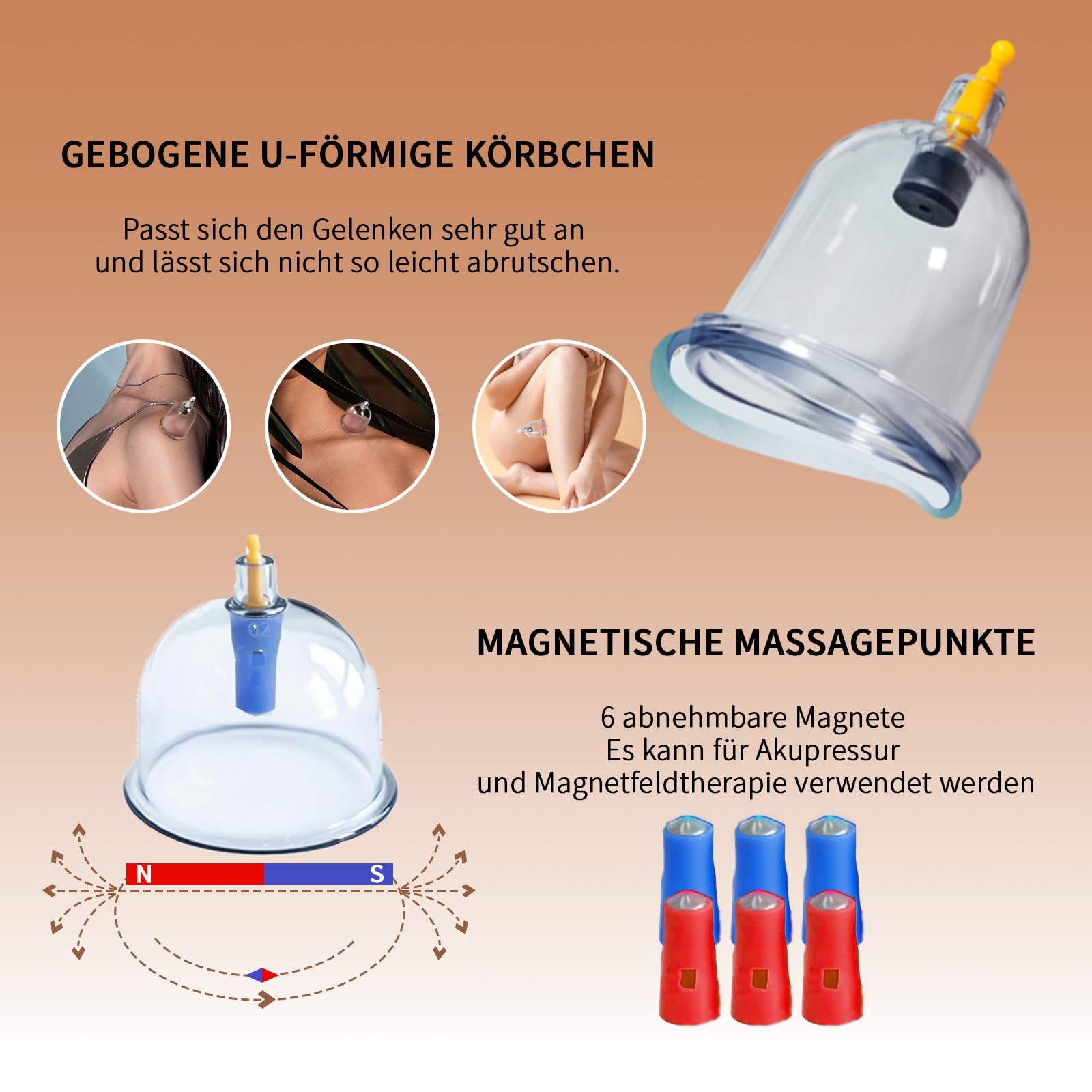 Schröpfgläser mit Vakuumpumpe & Therapiemagneten + Faszien-Schaber ， Schröpfen (18 Stück) gegen Verspannungen & Cellulite und Lymphdrainage, Hochwertiges Schröpfglas-Set für Gesicht und Körper