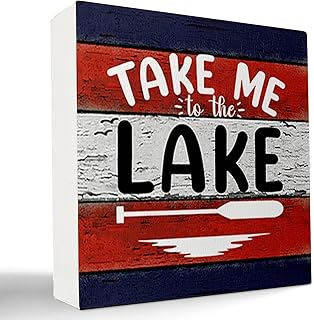 Take Me to The Lake Paddle Wooden Box Sign Desk DecorRustic Lake Themed Wood Block Plaque Box Sign for House Summer Home Wall Shelf Tabletop DecorationLake Lover Gifts 5x5 inch