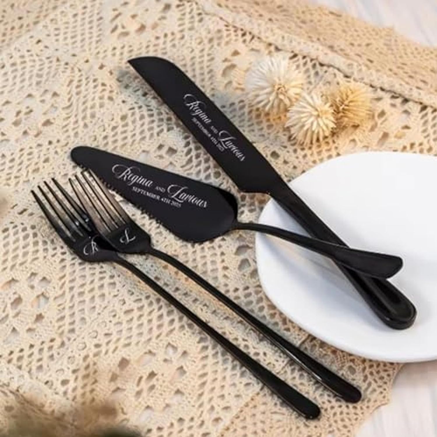 Personalized Wedding Cake Knife Set Stainless Steel Custom Stainless Steel Personalized Cake Cutter for Wedding, Anniversary, Birthday (black,1 set)