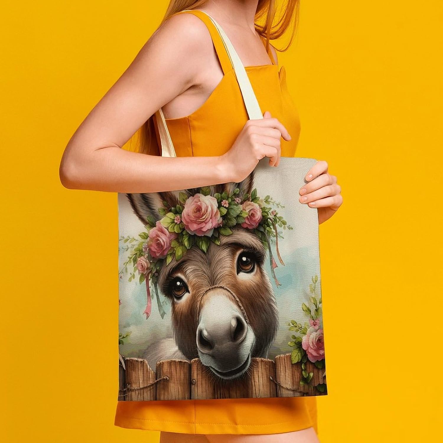 Donkey with Flower Canvas Tote Bag Reusable Grocery Bags Foldable Soft Cotton Shoulder Carry Bag