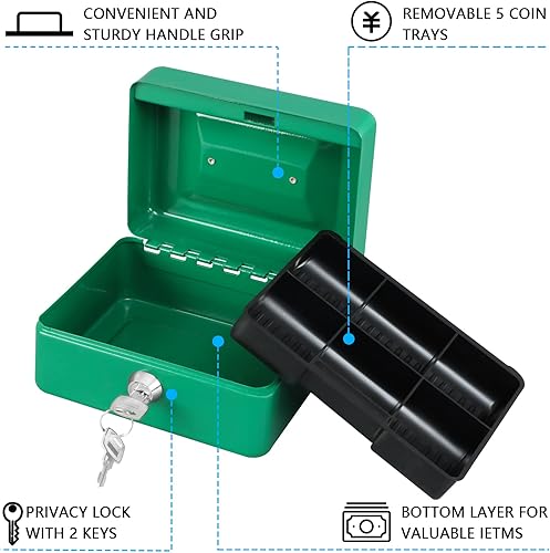 Vista 145 de KYODOLED Caja de dinero mediana con bandeja para dinero, pequeña caja de seguridad con llave, cajón de efectivo, 7.87 x 6.30 x 3.54 pulgadas, verde