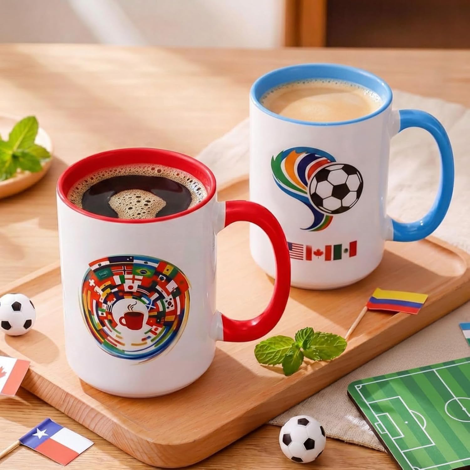 2 Pcs 2026 Soccer Pattern Mug 15oz Ceramic Coffee Mug with World International Flags Design Coffee Cups with Handle Gifts for Soccer Fans Collectors Souvenir Celebration Sports Party Supplies