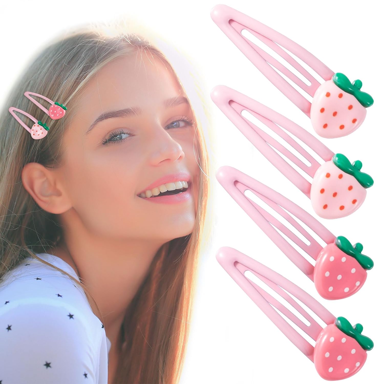 PAGOW 4 Pcs Strawberry Hair Clips, Y2K Pink Cute Hair Barrettes, Fruit Cutecore Hair Accessories, Decorative Metal Snap Hair Clips for Women