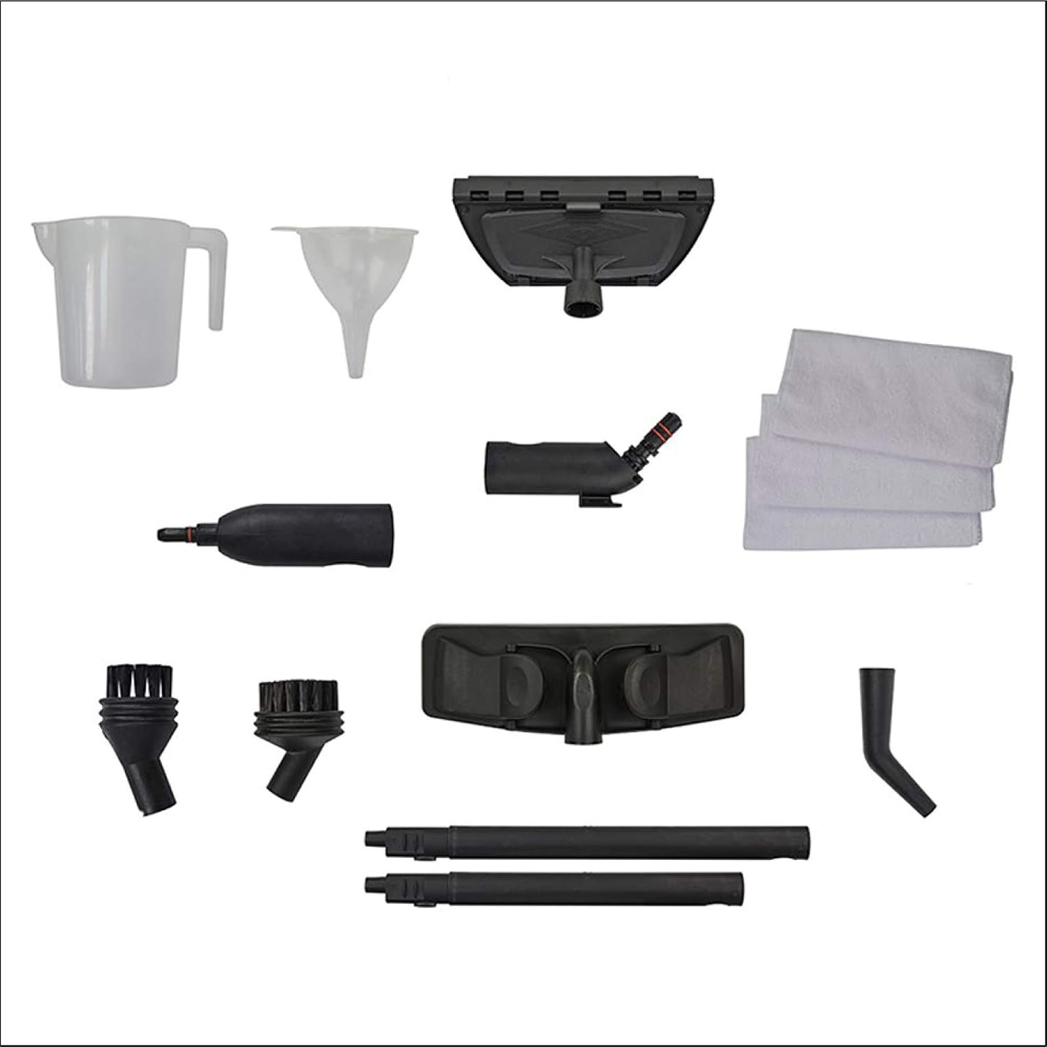 Assortment of Ewbank SC1000 Dynamo Steam Cleaner accessories including nozzles, brushes, cloths, and extension tubes