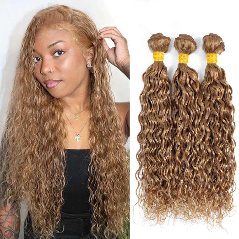 Honey Blonde Color 27 Bundles Human Hair Brazilian Honey Blonde Water Wave Double Weft Weave Extensions Hair 8A Grade Water Wave Bundles Soft And Healthy 10 12 14 Inch