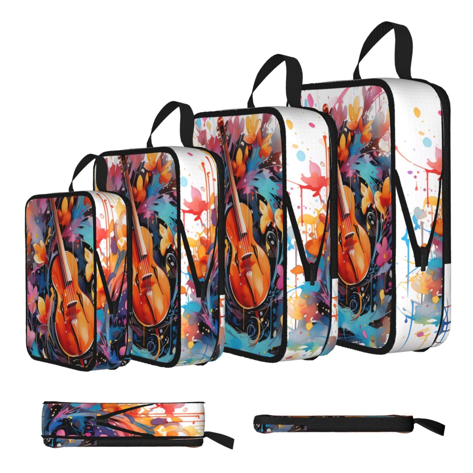 Sxzvvbn Black Colorful Note Guitar Compression Packing Cubes 4 Piece Set