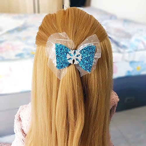 Miniatura 2 de 1 clip de lazo de pelo azul copo de nieve para niñas, diseño de princesa, Navidad, lentejuelas de cocodrilo, bandas de lazo de malla, horquilla