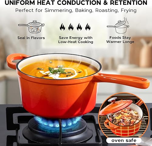 Miniatura 5 de Onader Cacerola de 2 cuartos de galón con tapa, sartén de hierro fundido esmaltado, olla pequeña para salsa de cocina, olla esmaltada para horno