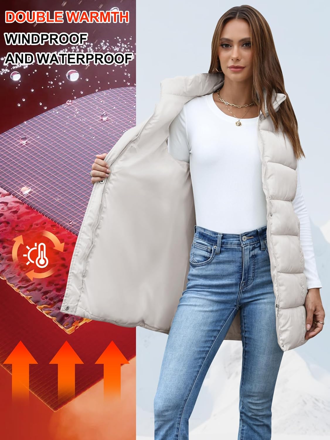 Gihuo Women's Long Puffer Vest Winter Quilted Hooded Sleeveless Zip Up Long Jacket Vest Gilet - Image 2