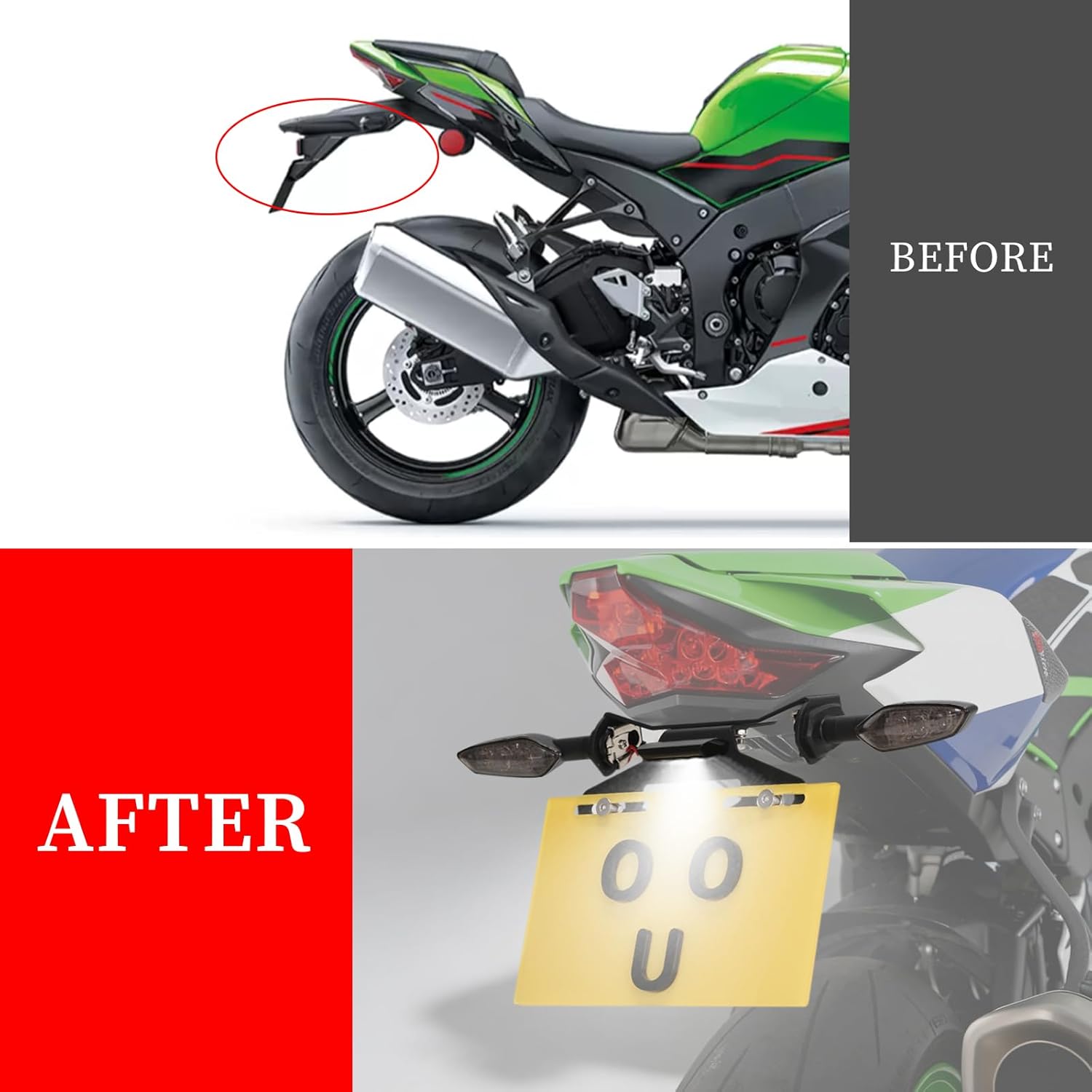 ZX10R ZX10RR Fender Eliminator Compatible with 2016-2024 Ninja ZX-10R ZX-10RR Tail Tidy License Plate Holder with Rear Turn Signals & License Plate Light (Stainless Steel) (Smoke)