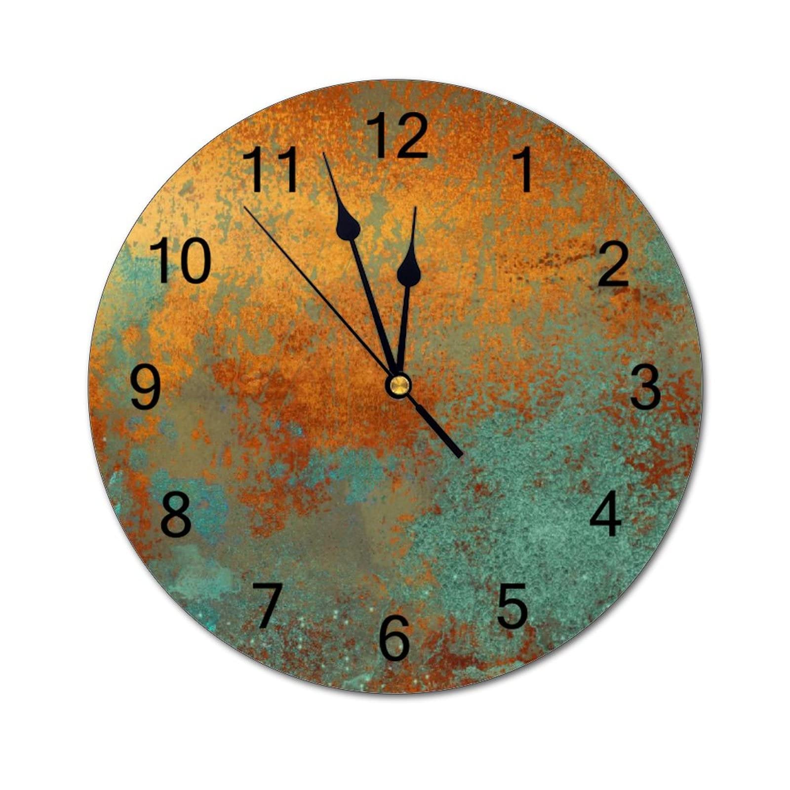 Funlucy Modern Round Wall Clock Trendy Rich Copper Patina Metallic Silent Non Ticking Wall Clocks for Kitchen, Office, Retro Hanging Clock, 14 Inches