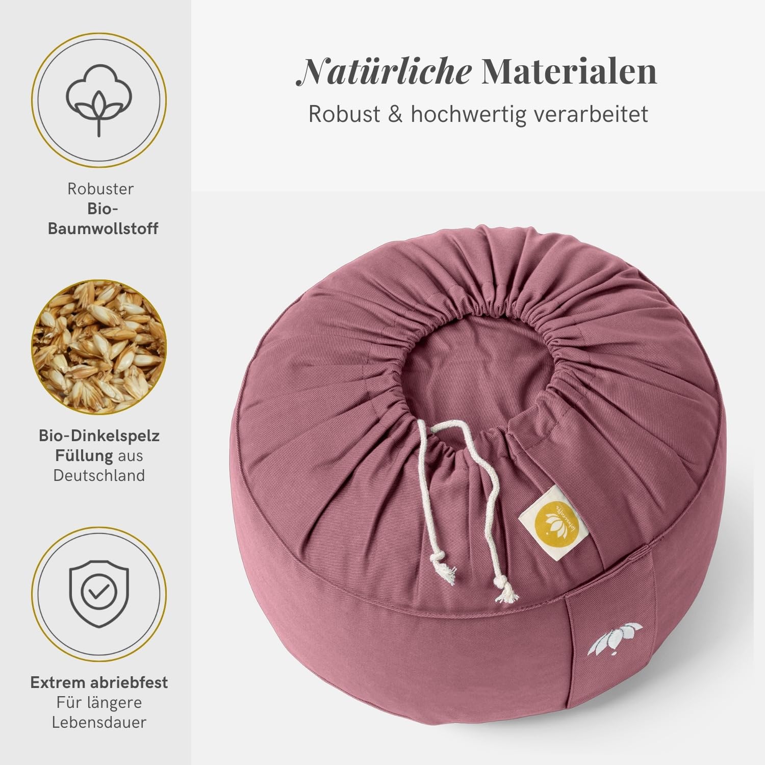 LOTUSCRAFTS® Meditationskissen mit 15cm Sitzhöhe, bestickt, Yoga Kissen mit Dinkelfüllung, Yogakissen Rund, Bodenkissen Rund, Yogakissen Meditationskissen, Bezug waschbar, GOTS zertifiziert