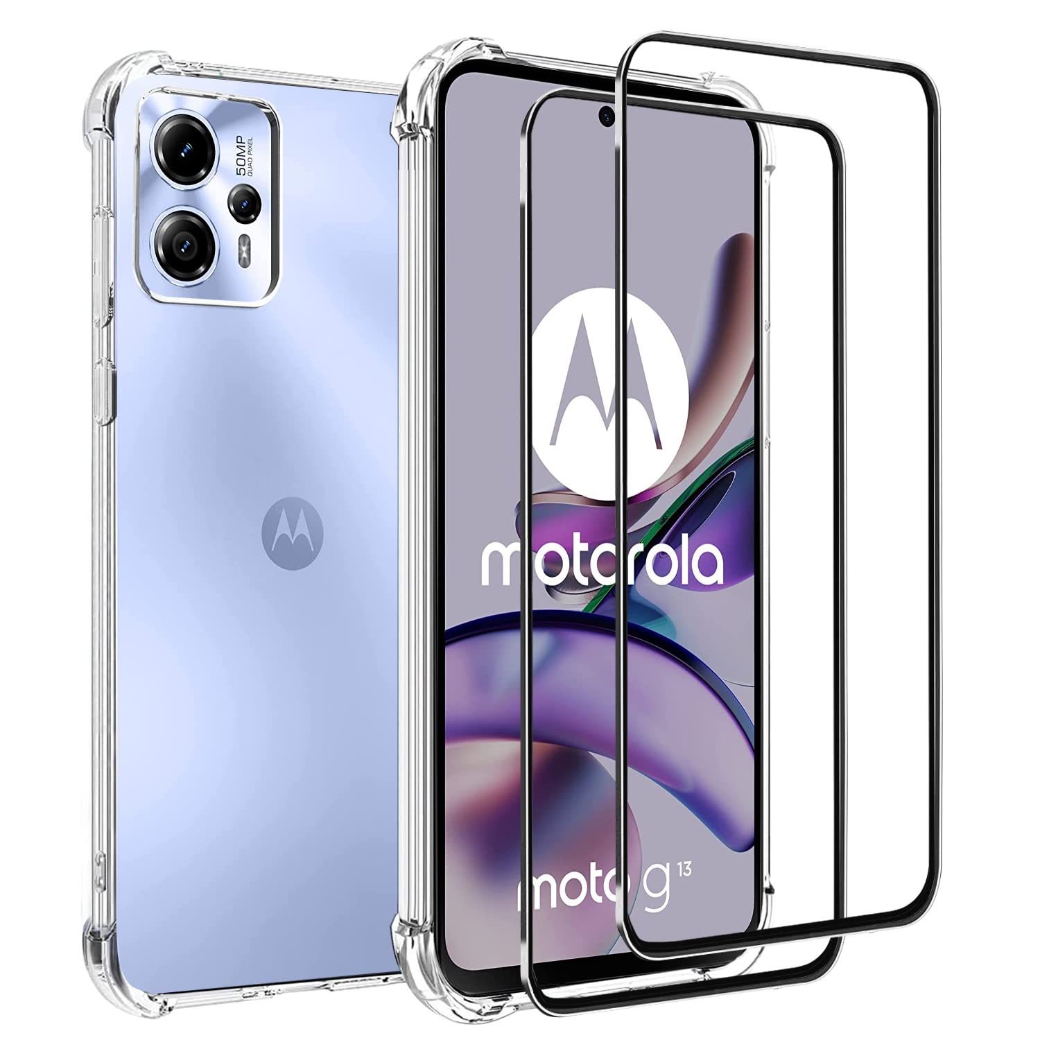 For Moto Motorola G13/G23 Case and Screen Protector,G13 /G23 6.5” Clear Phone Case+2 Pack Tempered Glass,Anti Scratch,Easy to install Film,Soft TPU Protective Cover Phonecase,Shock-Absorbing Corners