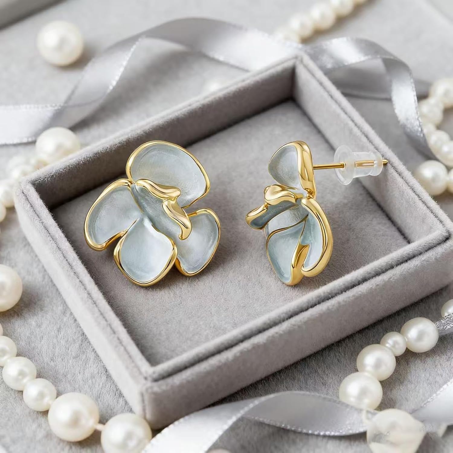 Chunky Gold Flower Earrings for Women Enanel Floral Stud Earrings Dainty Flower Porcelain Earrings Cute Floral Statement Earrings Costume Prom Jewelry Accessories - Image 4