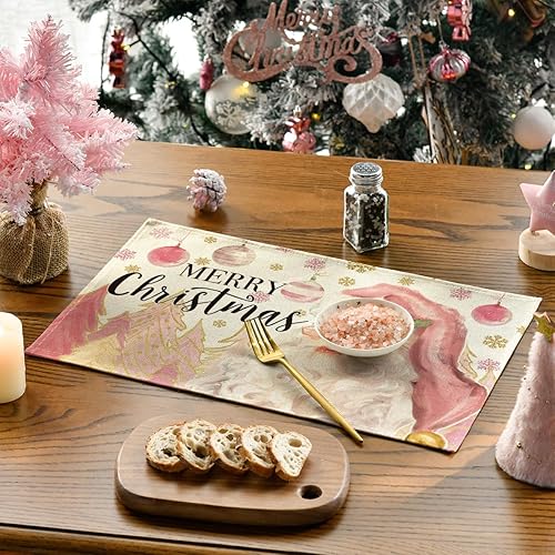 Miniatura 3 de Artoid Mode Juego de 6 manteles individuales de Navidad con diseño de copos de nieve, de Papá Noel, color rosa, 12 x 18 pulgadas, para decoración de