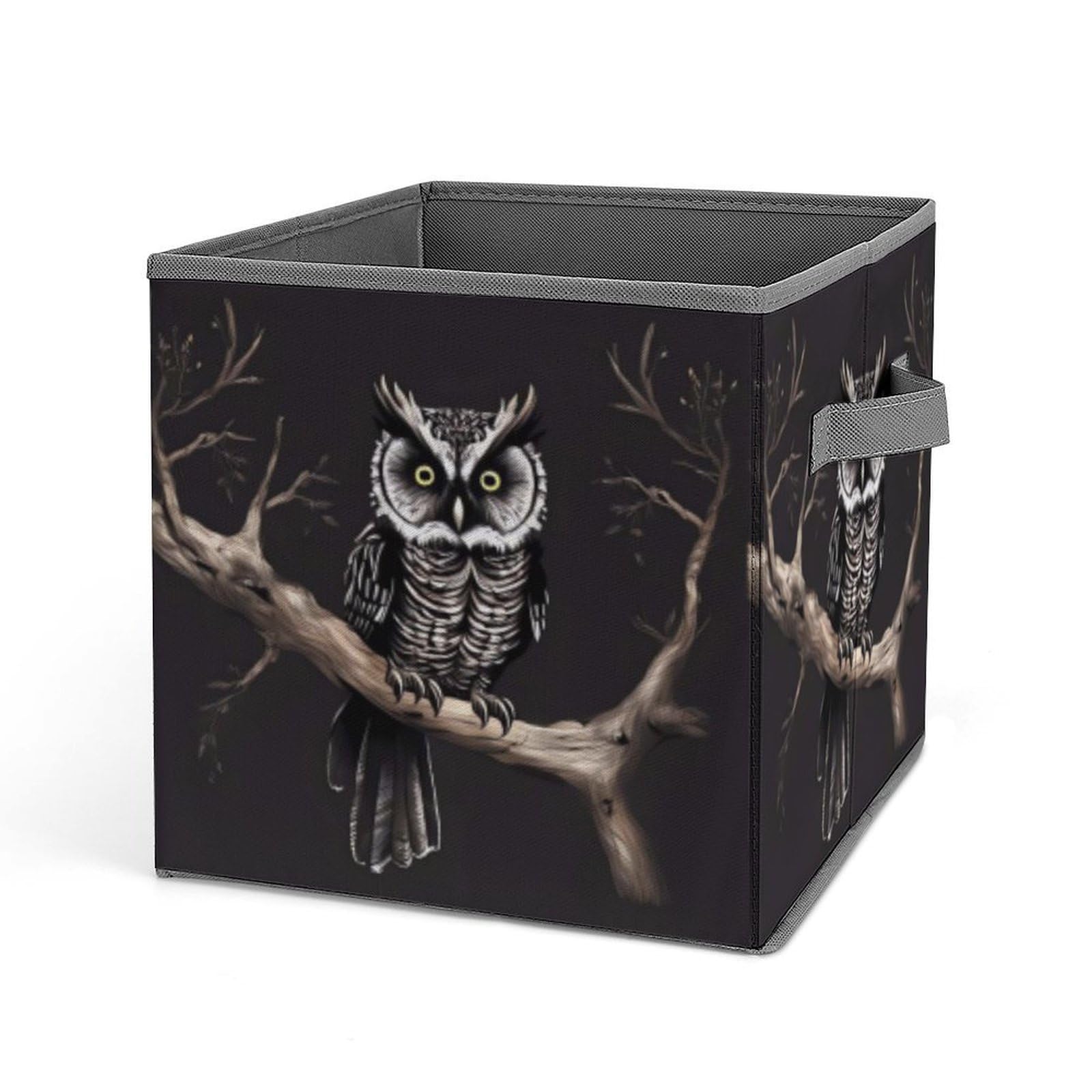 Late Night Owl Storage Baskets Collapsible, Exquisite Pattern Cube Box, Canvas Fabric Storage Bins with Handles, Clothe Organizer Box for Home Decorative Office Bedroom